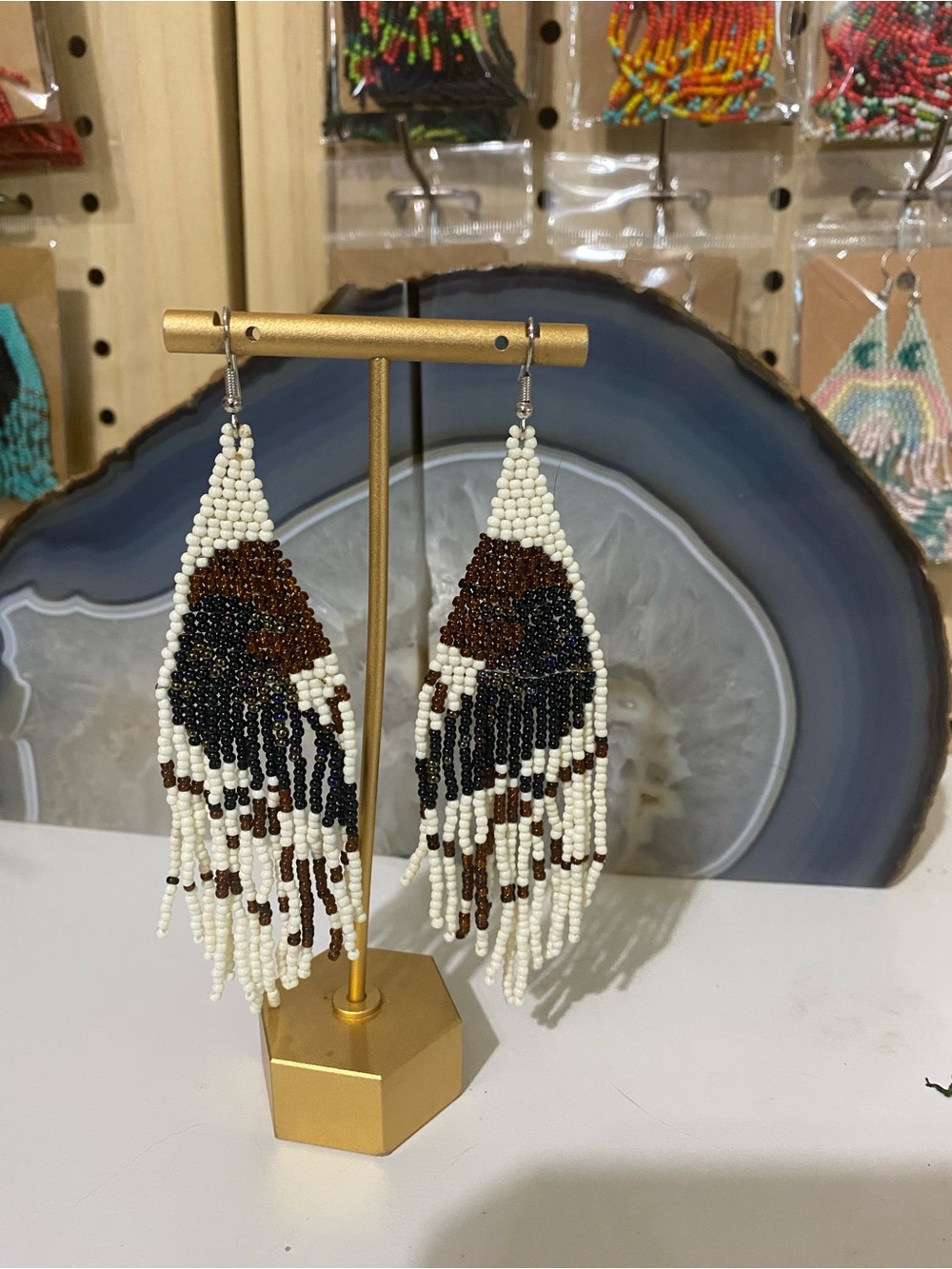 Beaded Fringe Dangle Earrings in White, Black & Brown